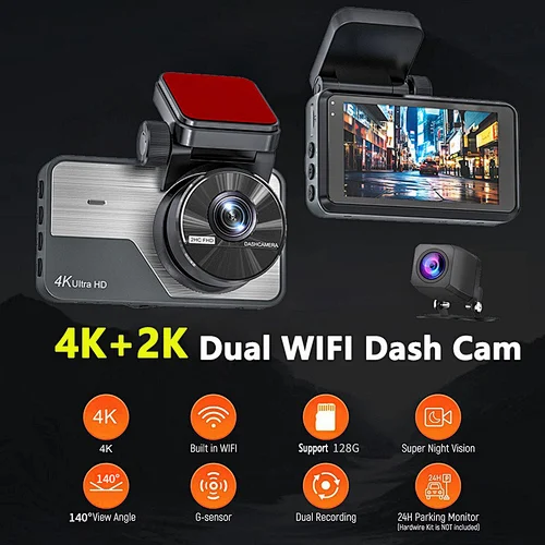 4K Dual-Channel WiFi Dash Cam | Front and Rear 2.5K Car DVR with Night Vision